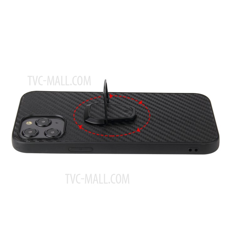 Anneau Cuir Enduit PU Béquille Cas De Téléphone Hybride TPU + PC Pour IPhone 12 Pro Max - Fibre De Carbone-3