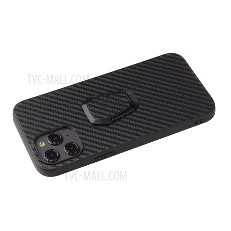 Anneau Cuir Enduit PU Béquille Cas De Téléphone Hybride TPU + PC Pour IPhone 12 Pro Max - Fibre De Carbone-6