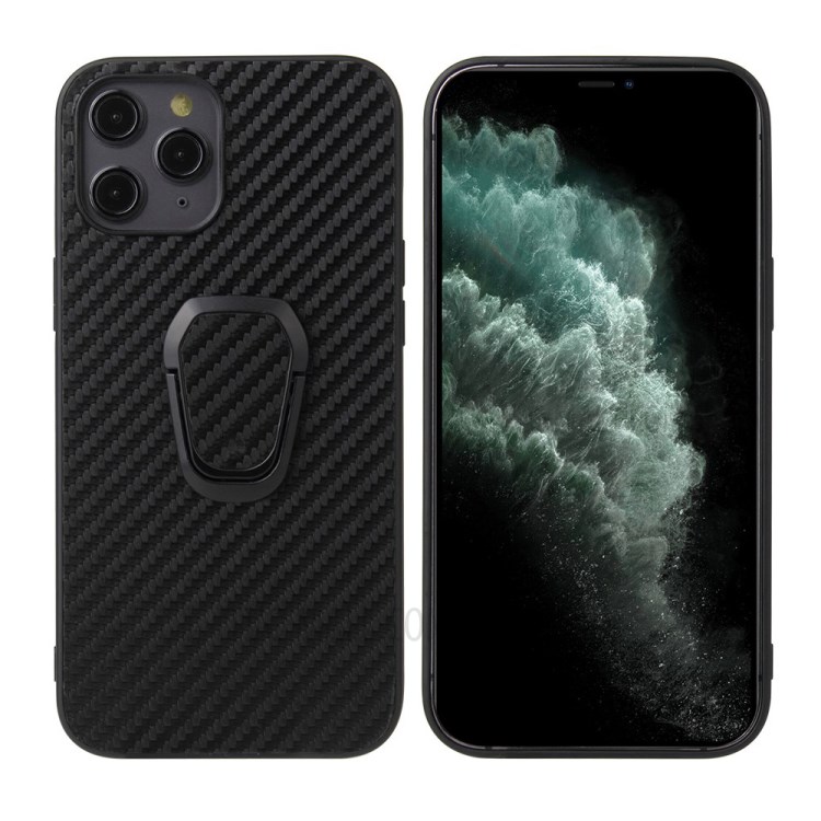 PC+TPU+PU Leather with Finger Ring Holder Phone Cover for iPhone 12 mini - Black Carbon Fiber Texture-1