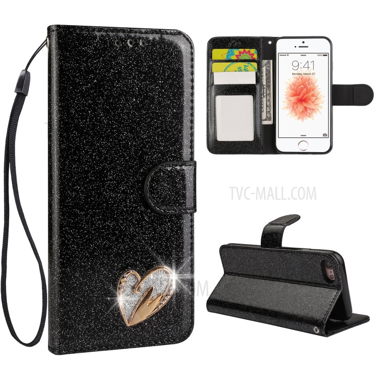 Metal Heart Shape Decorated Gleaming Diamond Leather Phone Cover Shell with Handy Strap for iPhone 7/8/SE (2nd Generation) - Black-1