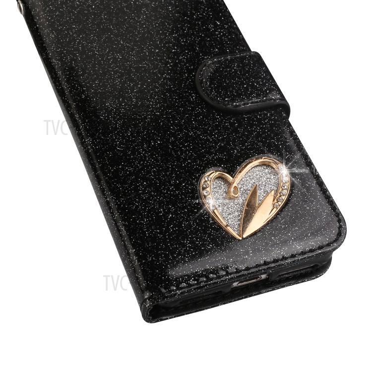 Metal Heart Shape Decorated Gleaming Diamond Leather Phone Cover Shell with Handy Strap for iPhone 7/8/SE (2nd Generation) - Black-3