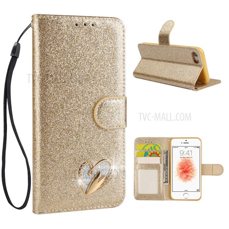 Metal Heart Shape Decorated Gleaming Diamond Leather Phone Cover Shell with Handy Strap for iPhone 7/8/SE (2nd Generation) - Gold-1