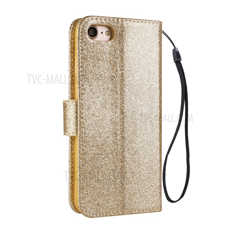 Metal Heart Shape Decorated Gleaming Diamond Leather Phone Cover Shell with Handy Strap for iPhone 7/8/SE (2nd Generation) - Gold-2