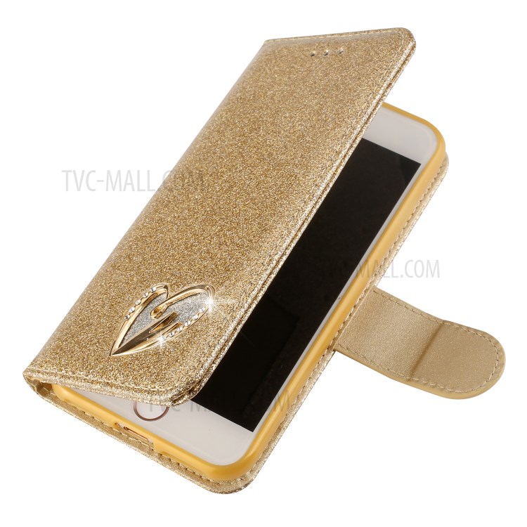 Metal Heart Shape Decorated Gleaming Diamond Leather Phone Cover Shell with Handy Strap for iPhone 7/8/SE (2nd Generation) - Gold-3