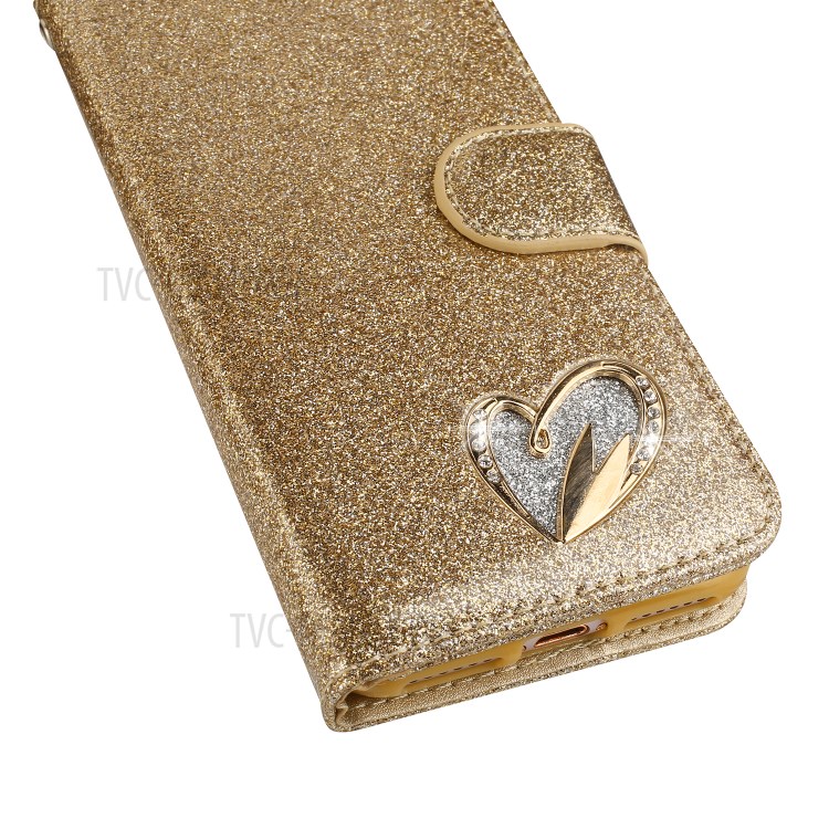 Metal Heart Shape Decorated Gleaming Diamond Leather Phone Cover Shell with Handy Strap for iPhone 7/8/SE (2nd Generation) - Gold-4