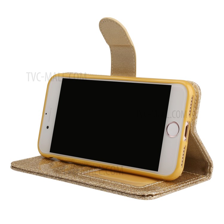 Metal Heart Shape Decorated Gleaming Diamond Leather Phone Cover Shell with Handy Strap for iPhone 7/8/SE (2nd Generation) - Gold-5
