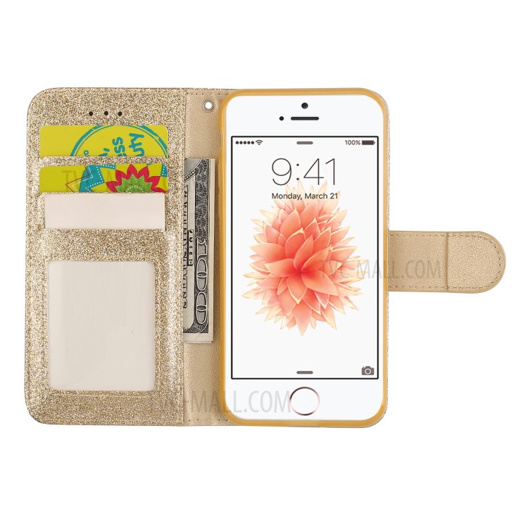 Metal Heart Shape Decorated Gleaming Diamond Leather Phone Cover Shell with Handy Strap for iPhone 7/8/SE (2nd Generation) - Gold-7