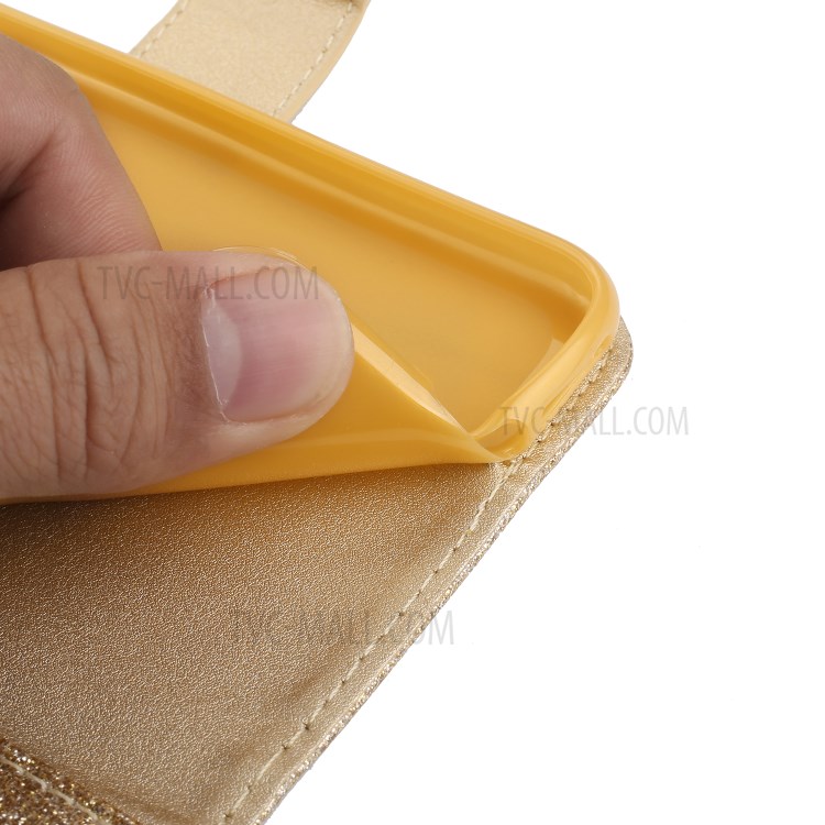 Metal Heart Shape Decorated Gleaming Diamond Leather Phone Cover Shell with Handy Strap for iPhone 7/8/SE (2nd Generation) - Gold-9