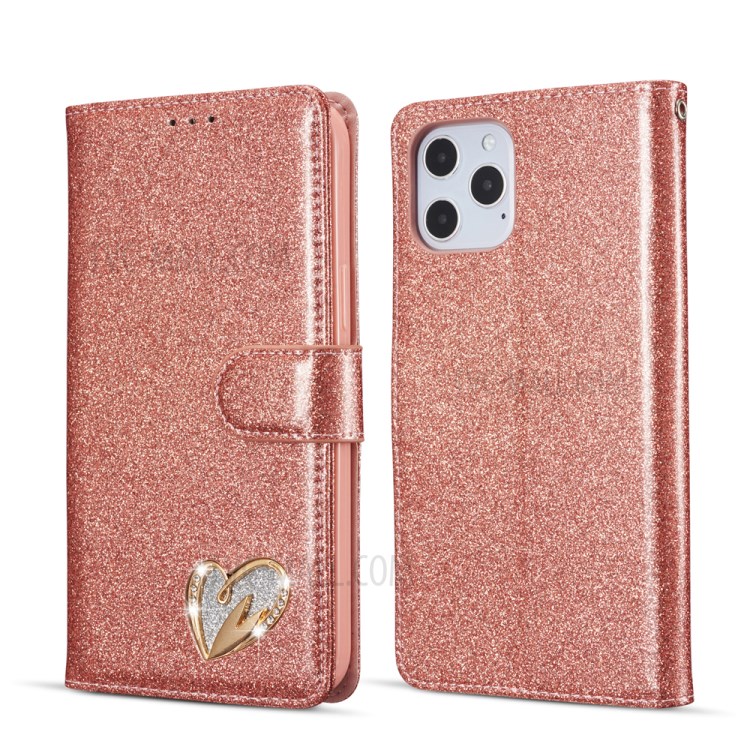 Gleaming Diamond Leather with Metal Heart Shape Decor Phone Cover Shell for iPhone 12 mini - Rose Gold-1