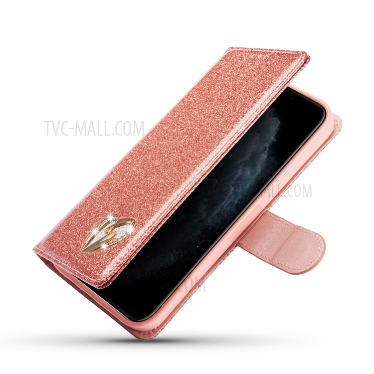 Gleaming Diamond Leather with Metal Heart Shape Decor Phone Cover Shell for iPhone 12 mini - Rose Gold-6