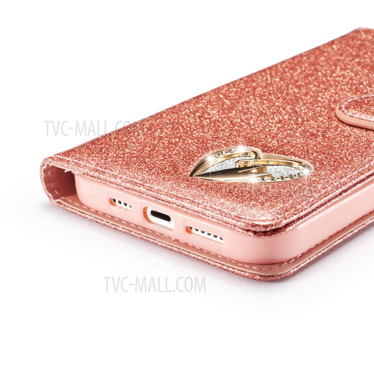 Gleaming Diamond Leather with Metal Heart Shape Decor Phone Cover Shell for iPhone 12 mini - Rose Gold-7