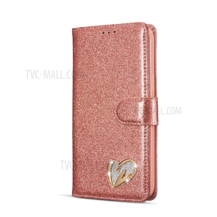 Gleaming Diamond Leather with Metal Heart Shape Decor Phone Cover Shell for iPhone 12/12 Pro - Rose Gold-2