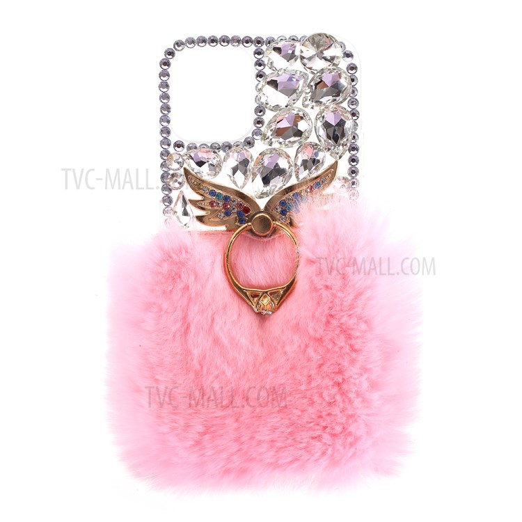 Soft Fur Bling 3D Rhinestone Luxury TPU Cover with Wing Ring Holder for iPhone 12/12 Pro - Pink-1