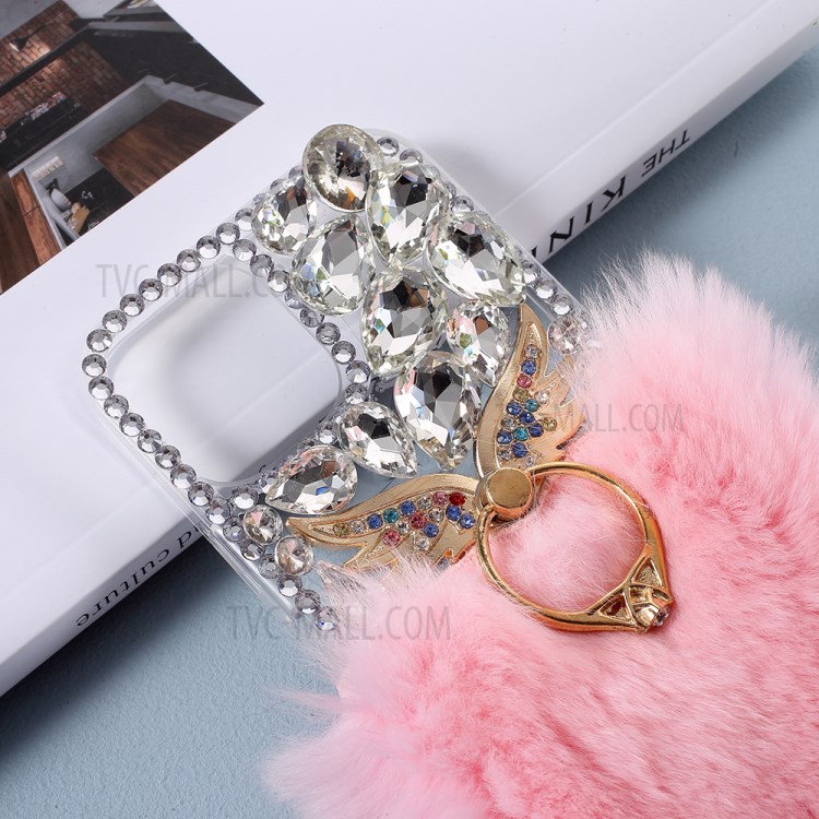 Soft Fur Bling 3D Rhinestone Luxury TPU Cover with Wing Ring Holder for iPhone 12/12 Pro - Pink-2