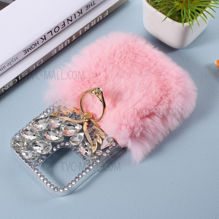 Soft Fur Bling 3D Rhinestone Luxury TPU Cover with Wing Ring Holder for iPhone 12/12 Pro - Pink-5