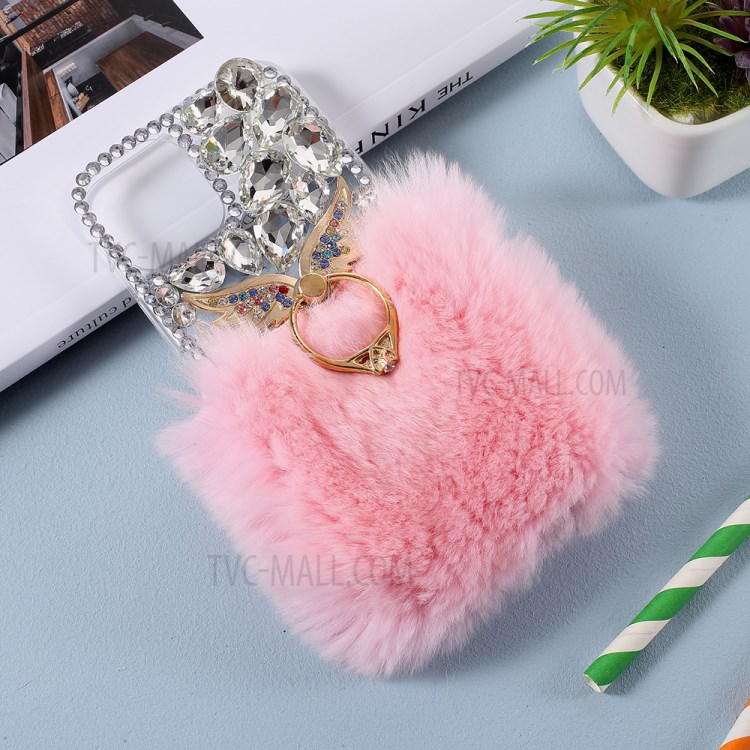 Soft Fur Bling 3D Rhinestone Luxury TPU Cover with Wing Ring Holder for iPhone 12/12 Pro - Pink-6