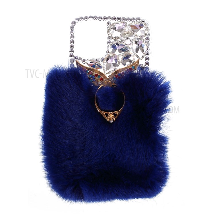 Soft Fur Bling 3D Rhinestone Luxury TPU Cover with Wing Ring Holder for iPhone 12/12 Pro - Blue-1