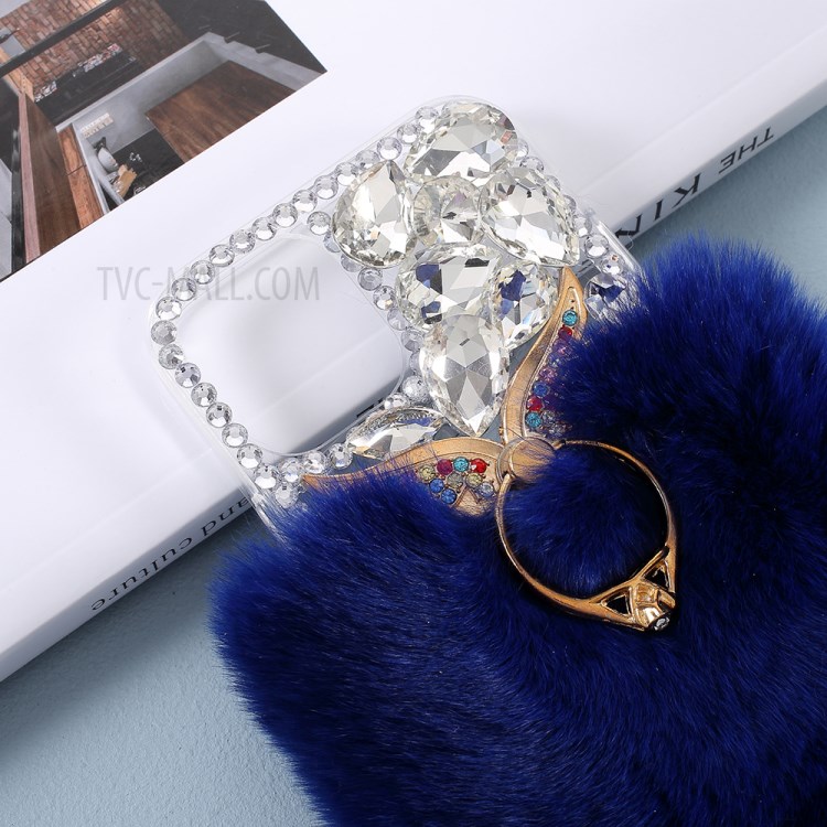 Soft Fur Bling 3D Rhinestone Luxury TPU Cover with Wing Ring Holder for iPhone 12/12 Pro - Blue-2