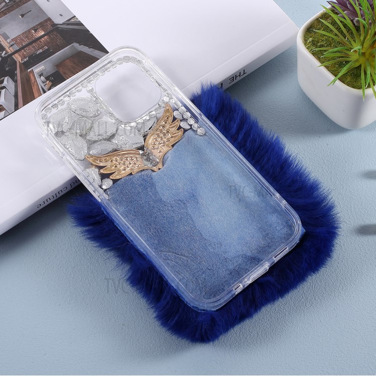 Soft Fur Bling 3D Rhinestone Luxury TPU Cover with Wing Ring Holder for iPhone 12/12 Pro - Blue-4