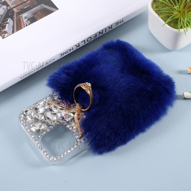 Soft Fur Bling 3D Rhinestone Luxury TPU Cover with Wing Ring Holder for iPhone 12/12 Pro - Blue-5