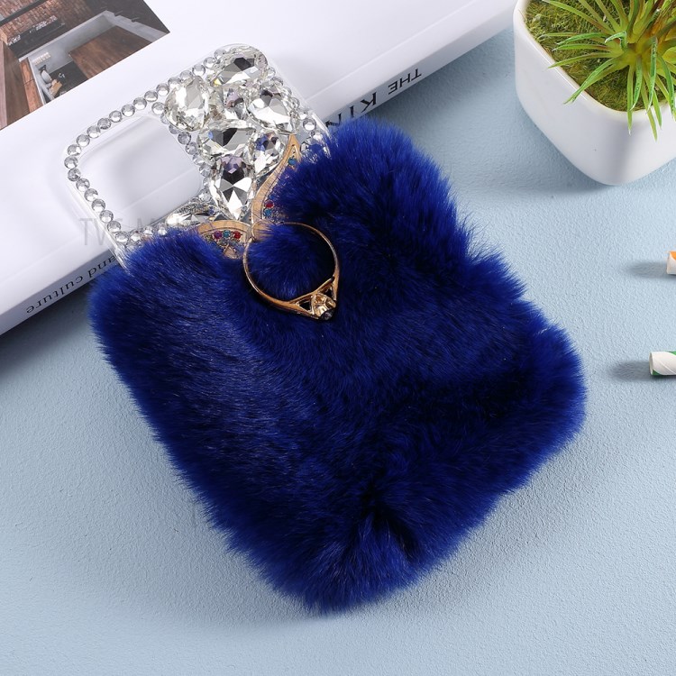 Soft Fur Bling 3D Rhinestone Luxury TPU Cover with Wing Ring Holder for iPhone 12/12 Pro - Blue-6