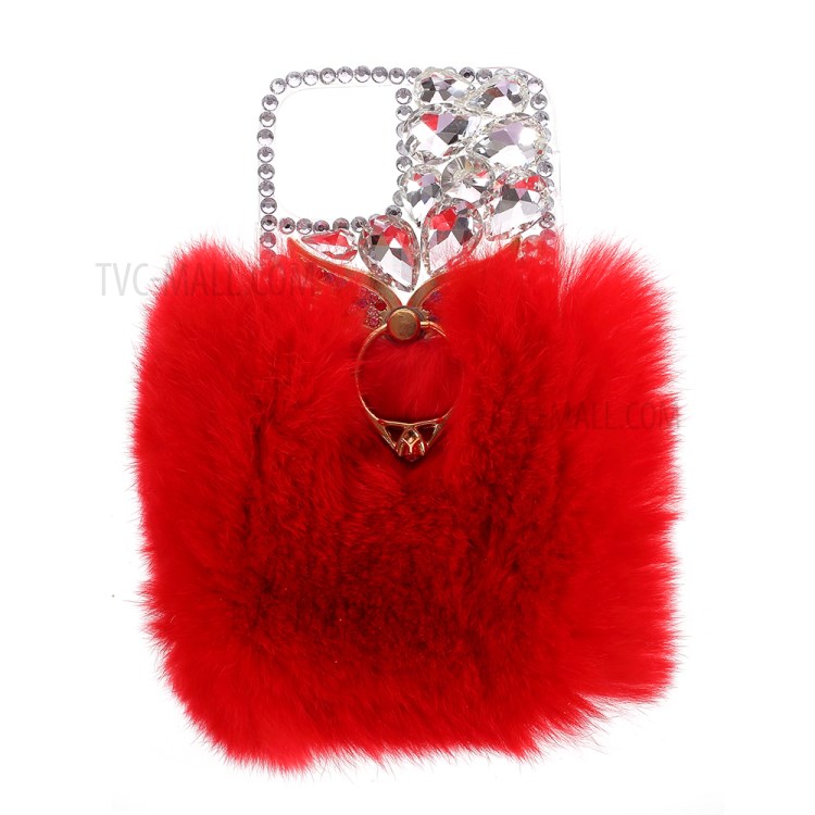 Soft Fur Bling 3D Rhinestone Luxury TPU Cover with Wing Ring Holder for iPhone 12/12 Pro - Red-1