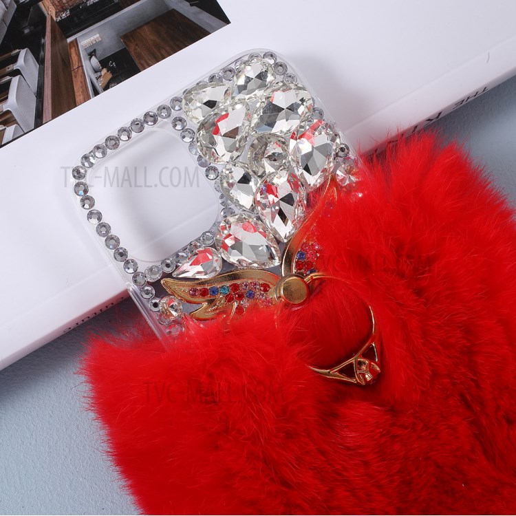 Soft Fur Bling 3D Rhinestone Luxury TPU Cover with Wing Ring Holder for iPhone 12/12 Pro - Red-2