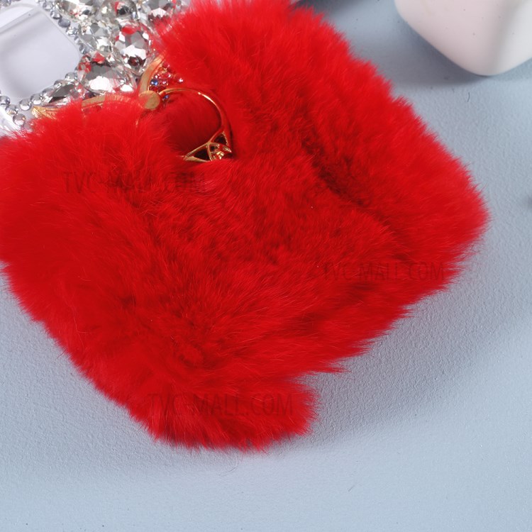Soft Fur Bling 3D Rhinestone Luxury TPU Cover with Wing Ring Holder for iPhone 12/12 Pro - Red-3