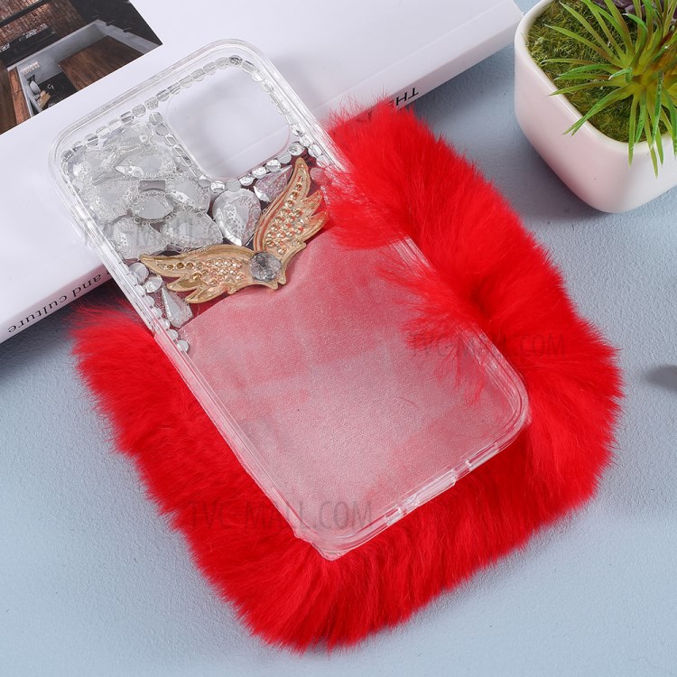 Soft Fur Bling 3D Rhinestone Luxury TPU Cover with Wing Ring Holder for iPhone 12/12 Pro - Red-4
