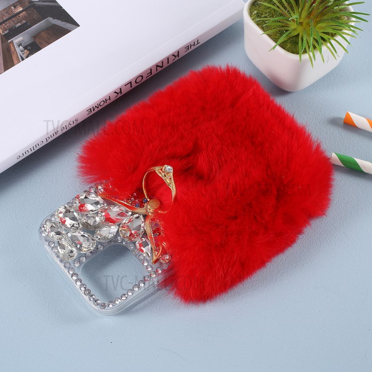 Soft Fur Bling 3D Rhinestone Luxury TPU Cover with Wing Ring Holder for iPhone 12/12 Pro - Red-5