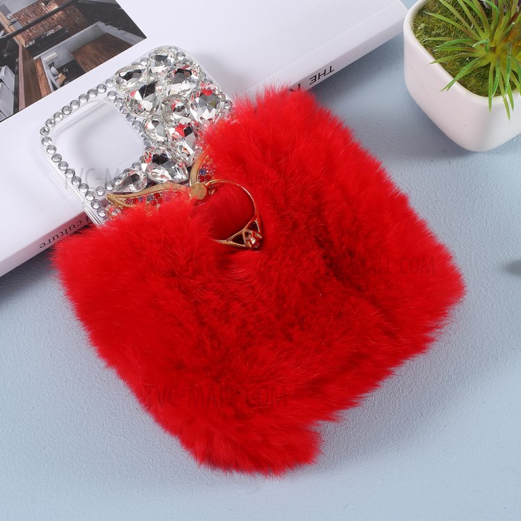 Soft Fur Bling 3D Rhinestone Luxury TPU Cover with Wing Ring Holder for iPhone 12/12 Pro - Red-6