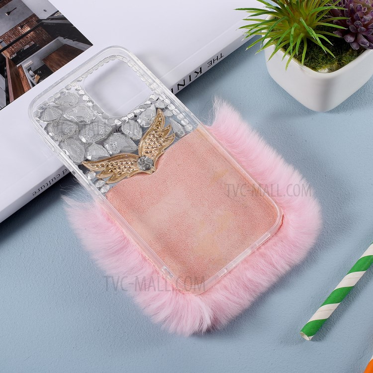 Fashion Luxury Fluffy Fur Bling Diamond Wing Ring TPU Phone Shell Cover for iPhone 12 Pro Max - Pink-4