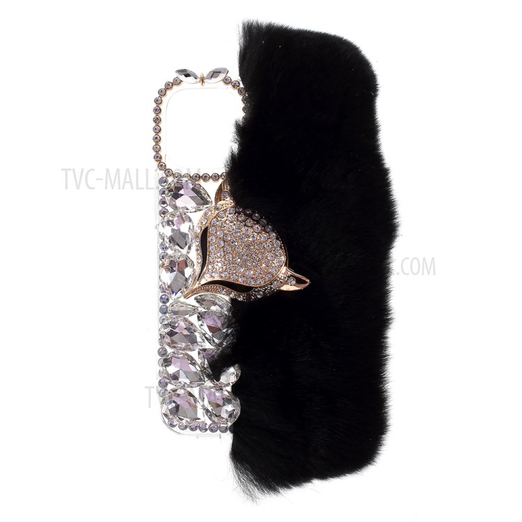 Fluffy Rabbit Fur Sparkle Rhinestone Fox TPU Cell Phone Case for iPhone 12 mini - Black-1