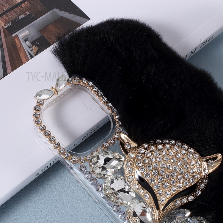 Macia Pele De Coelho Caso De Telefone Celular TPU Strass Fox Brilho Para Iphone 12 Mini - Preto-2