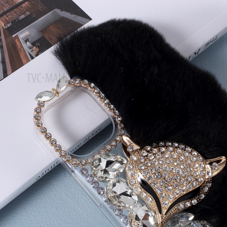 Fluffy Rabbit Fur Sparkle Rhinestone Fox TPU Cell Phone Case for iPhone 12 mini - Black-2