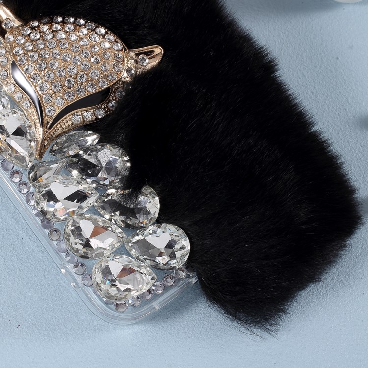 Fluffy Rabbit Fur Sparkle Rhinestone Fox TPU Cell Phone Case for iPhone 12 mini - Black-3