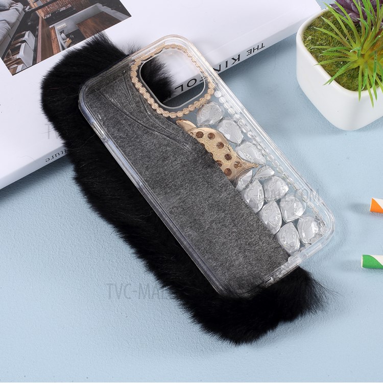 Macia Pele De Coelho Caso De Telefone Celular TPU Strass Fox Brilho Para Iphone 12 Mini - Preto-4