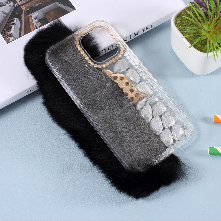 Fluffy Rabbit Fur Sparkle Rhinestone Fox TPU Cell Phone Case for iPhone 12 mini - Black-4