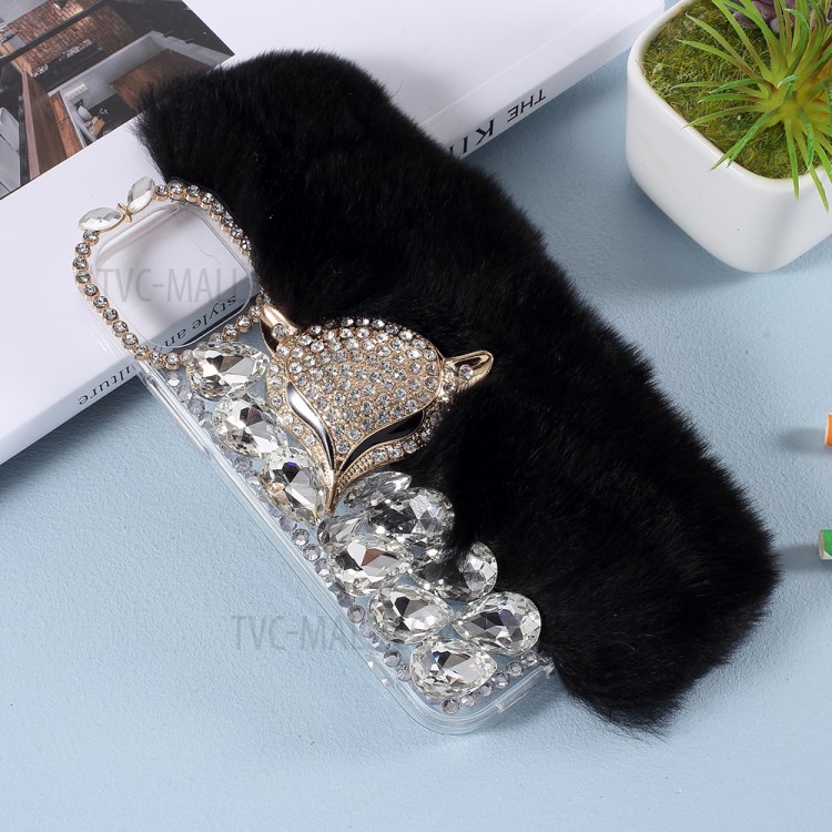 Fluffy Rabbit Fur Sparkle Rhinestone Fox TPU Cell Phone Case for iPhone 12 mini - Black-5