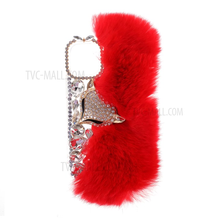 Fluffy Rabbit Fur Sparkle Rhinestone Fox TPU Cell Phone Case for iPhone 12 mini - Red-1
