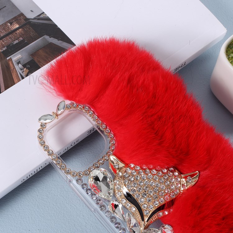 Fluffy Rabbit Fur Sparkle Rhinestone Fox TPU Cell Phone Case for iPhone 12 mini - Red-2