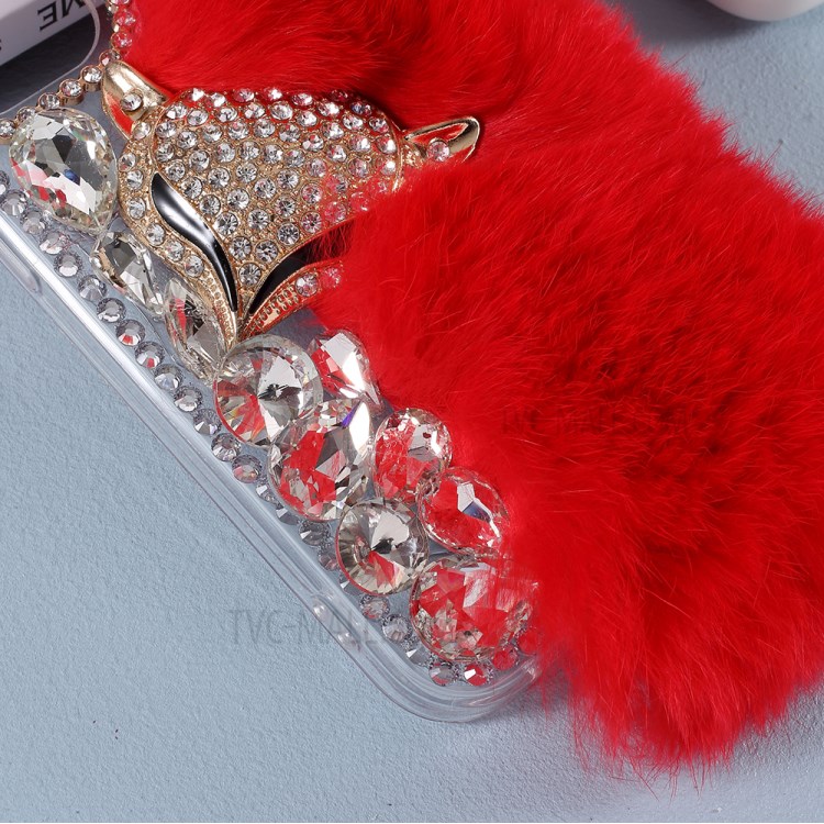 Fluffy Rabbit Fur Sparkle Rhinestone Fox TPU Cell Phone Case for iPhone 12 mini - Red-3