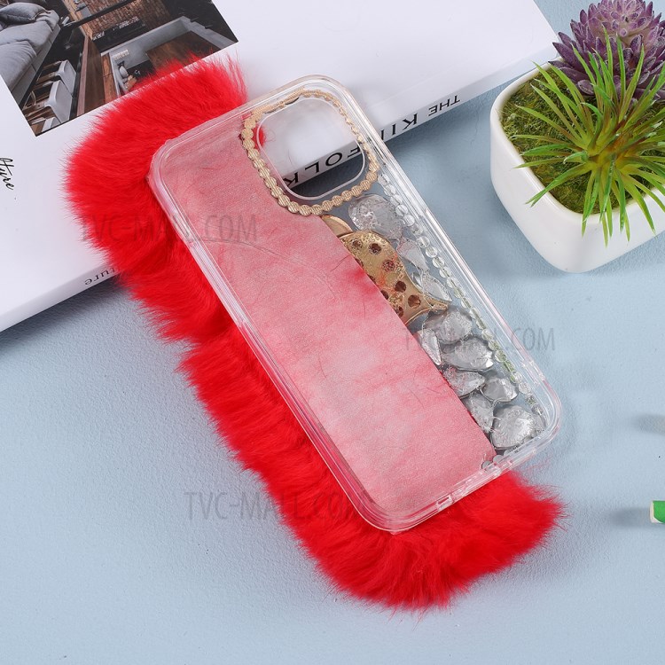 Fluffy Rabbit Fur Sparkle Rhinestone Fox TPU Cell Phone Case for iPhone 12 mini - Red-4