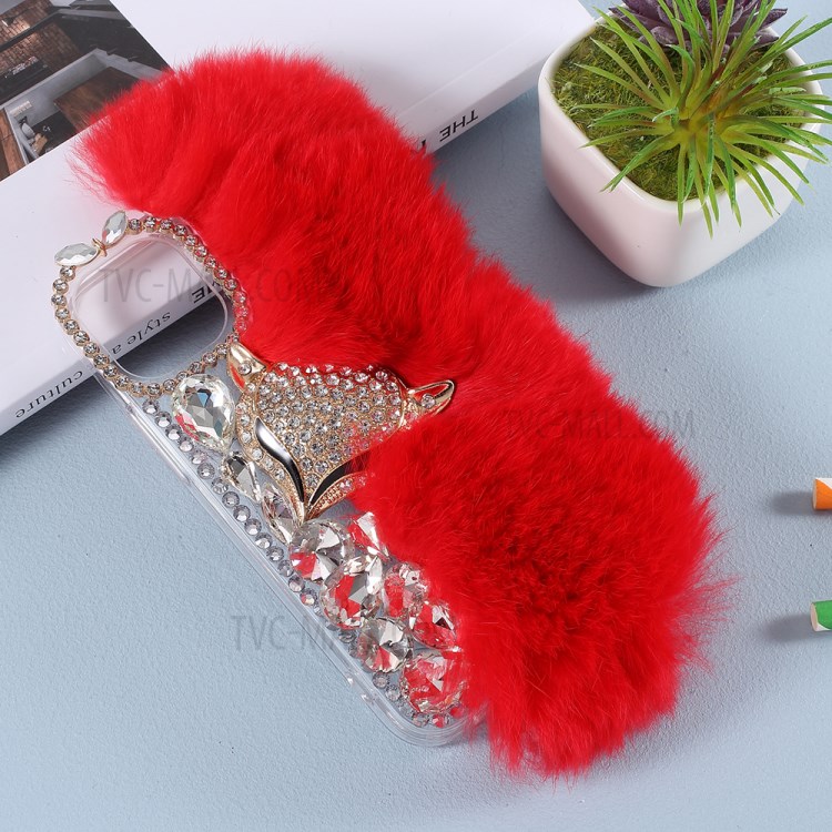 Fluffy Rabbit Fur Sparkle Rhinestone Fox TPU Cell Phone Case for iPhone 12 mini - Red-5