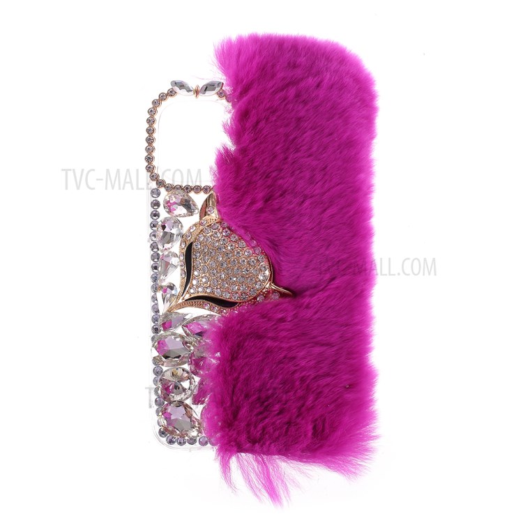 Fluffy Rabbit Fur Sparkle Rhinestone Fox TPU Cell Phone Case for iPhone 12 mini - Purple-1