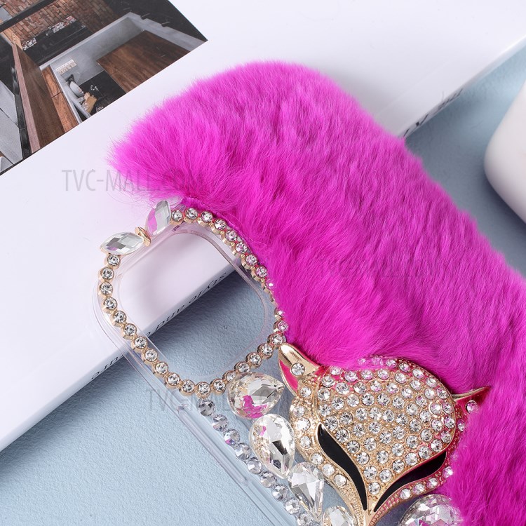 Fluffy Rabbit Fur Sparkle Rhinestone Fox TPU Cell Phone Case for iPhone 12 mini - Purple-2