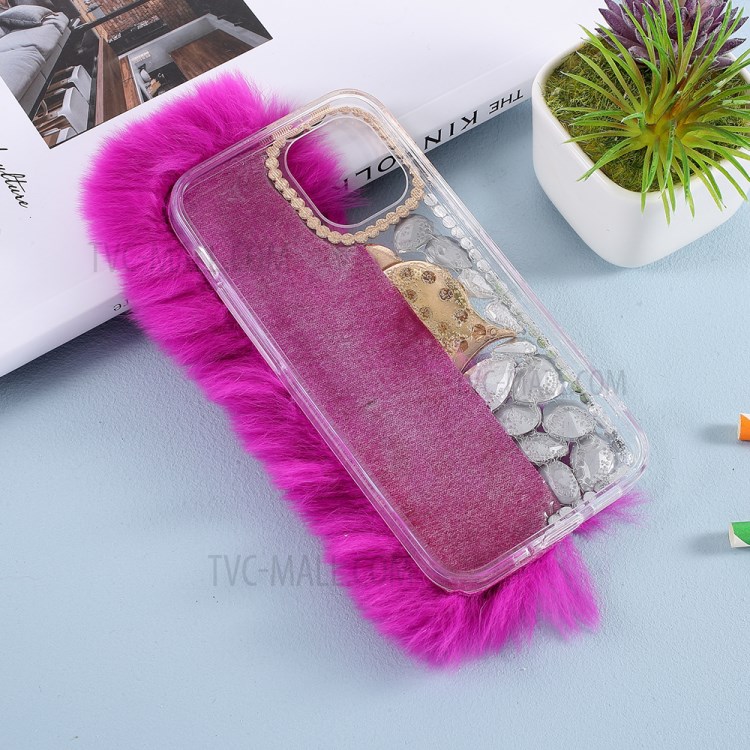Fluffy Rabbit Fur Sparkle Rhinestone Fox TPU Cell Phone Case for iPhone 12 mini - Purple-4