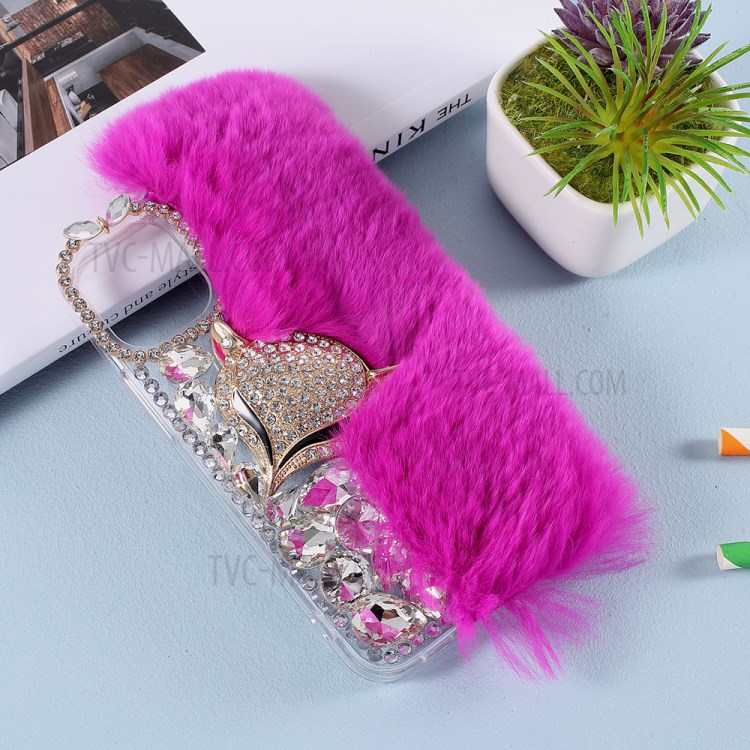 Fluffy Rabbit Fur Sparkle Rhinestone Fox TPU Cell Phone Case for iPhone 12 mini - Purple-5