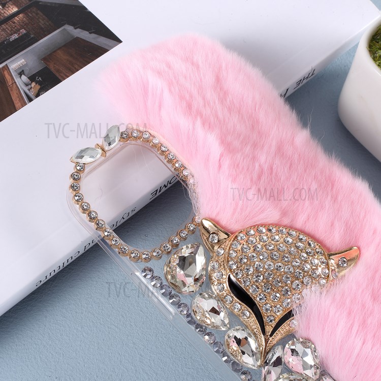 Fluffy Rabbit Fur Sparkle Rhinestone Fox TPU Cell Phone Case for iPhone 12 mini - Pink-2