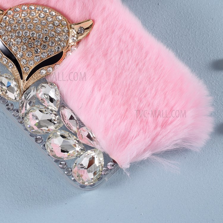 Fluffy Rabbit Fur Sparkle Rhinestone Fox TPU Cell Phone Case for iPhone 12 mini - Pink-3
